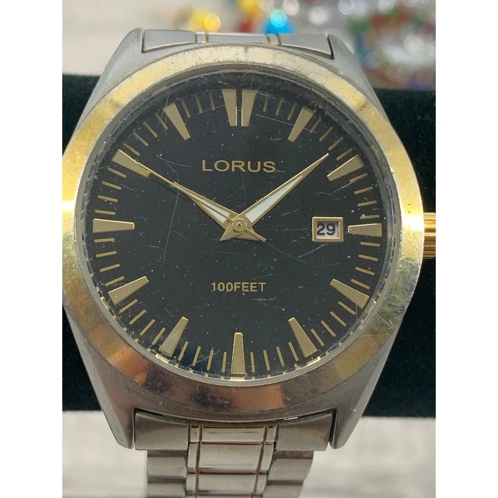 Lorus Mens Watch Two Tone Stainless Steel Black Dial Date LR3259 100FT Water Res